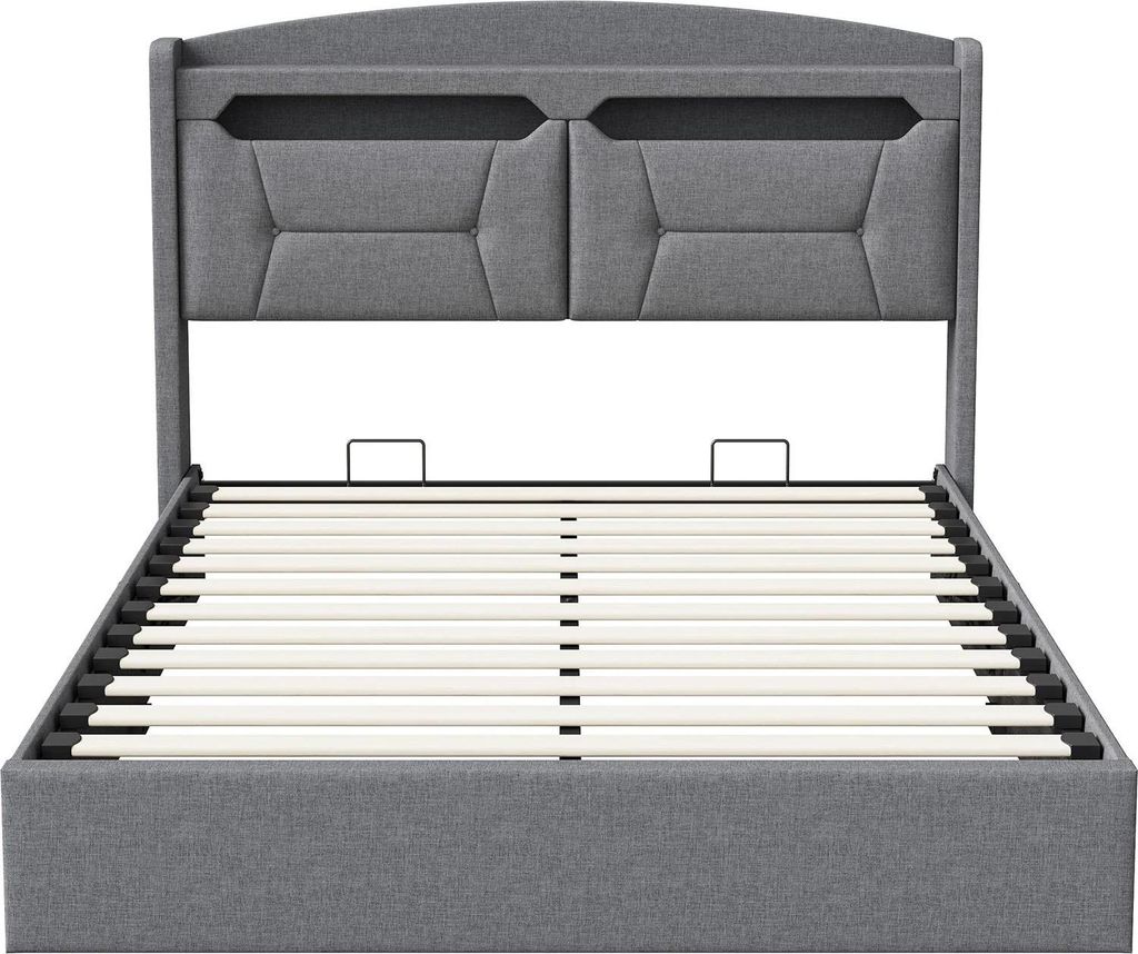 Polsterbett - Stauraumbett - 140x200 cm - Kopfteil mit Stauraum - USB-Ladeanschluss - Hanfstoff - Metallrahmen - Grau
