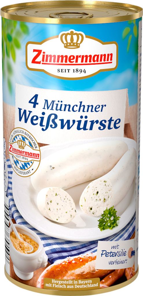 A can of Zimmermann Münchner Weißwürste with a close-up of the sausages and a small dish of mustard.