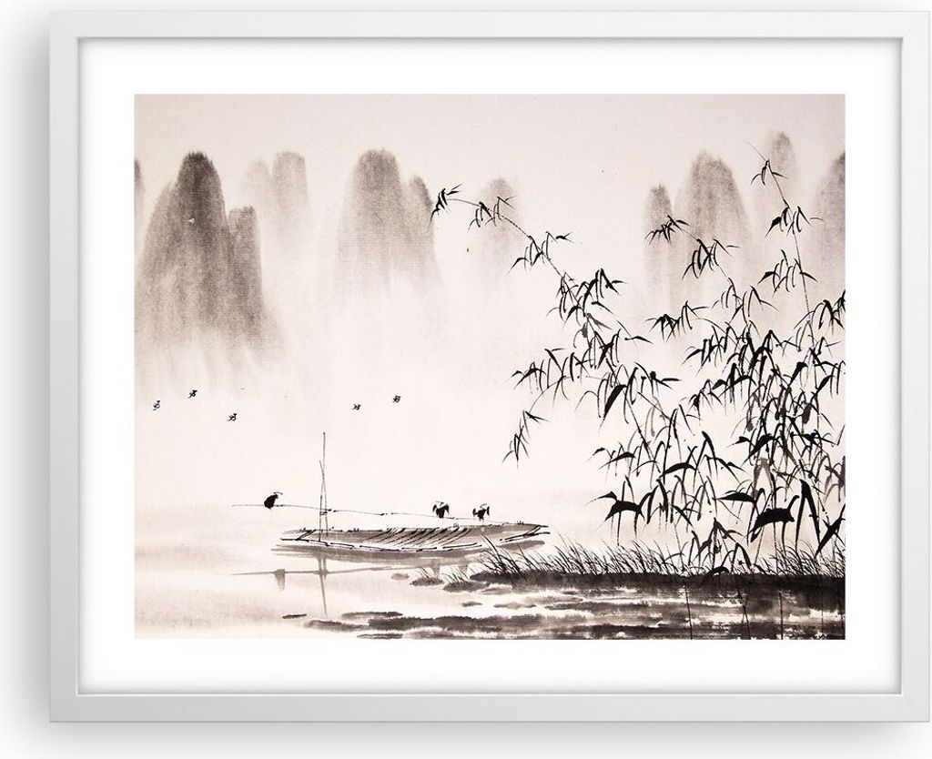 Gerahmtes Poster - Weißer Rahmen - Bambus schwarz China - 50x40 cm - Wand Bild - Wanddeko - Wandbilder - Kunstposter - Wandposter - Bilderrahmen -...