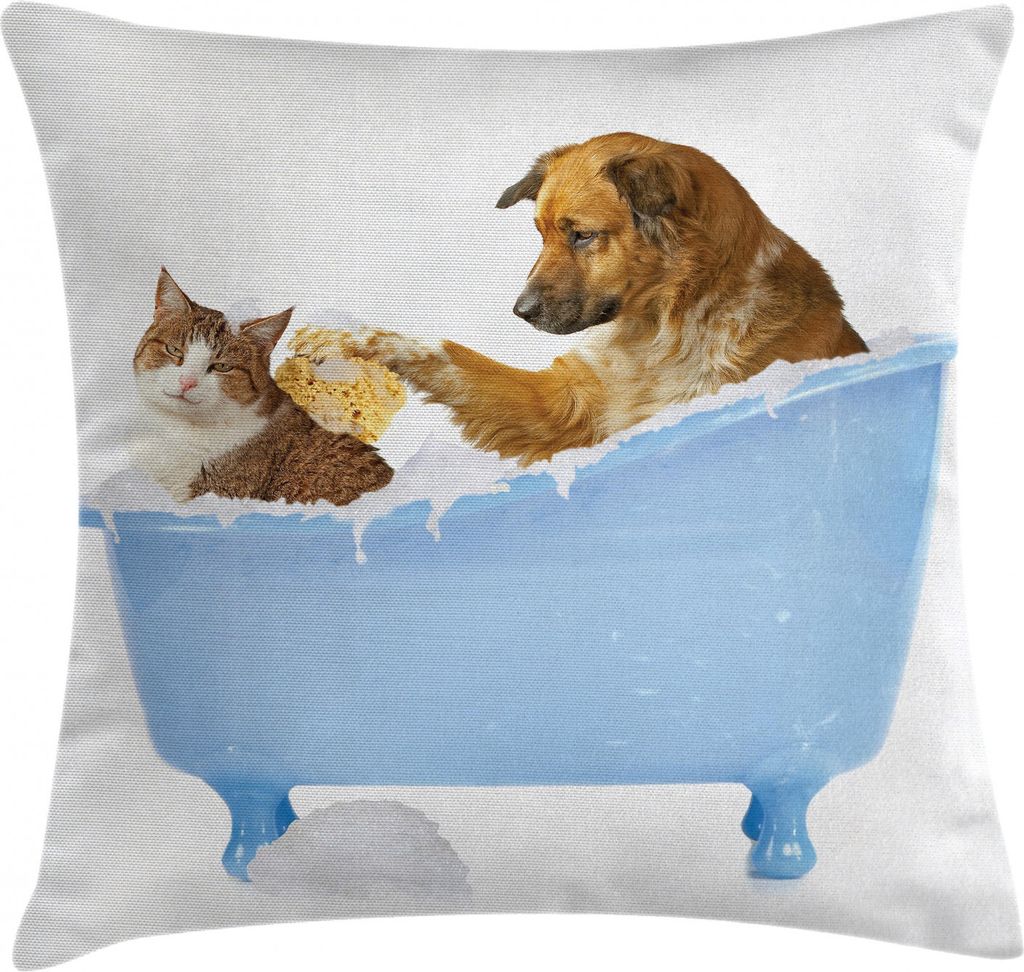 ABAKUHAUS Lustig Kissenbezug, Hund und Katze in der Badewanne, Waschbar mit Reißverschluss Kissenhülle mit Farbfesten Klaren Farben Beidseitiger ...