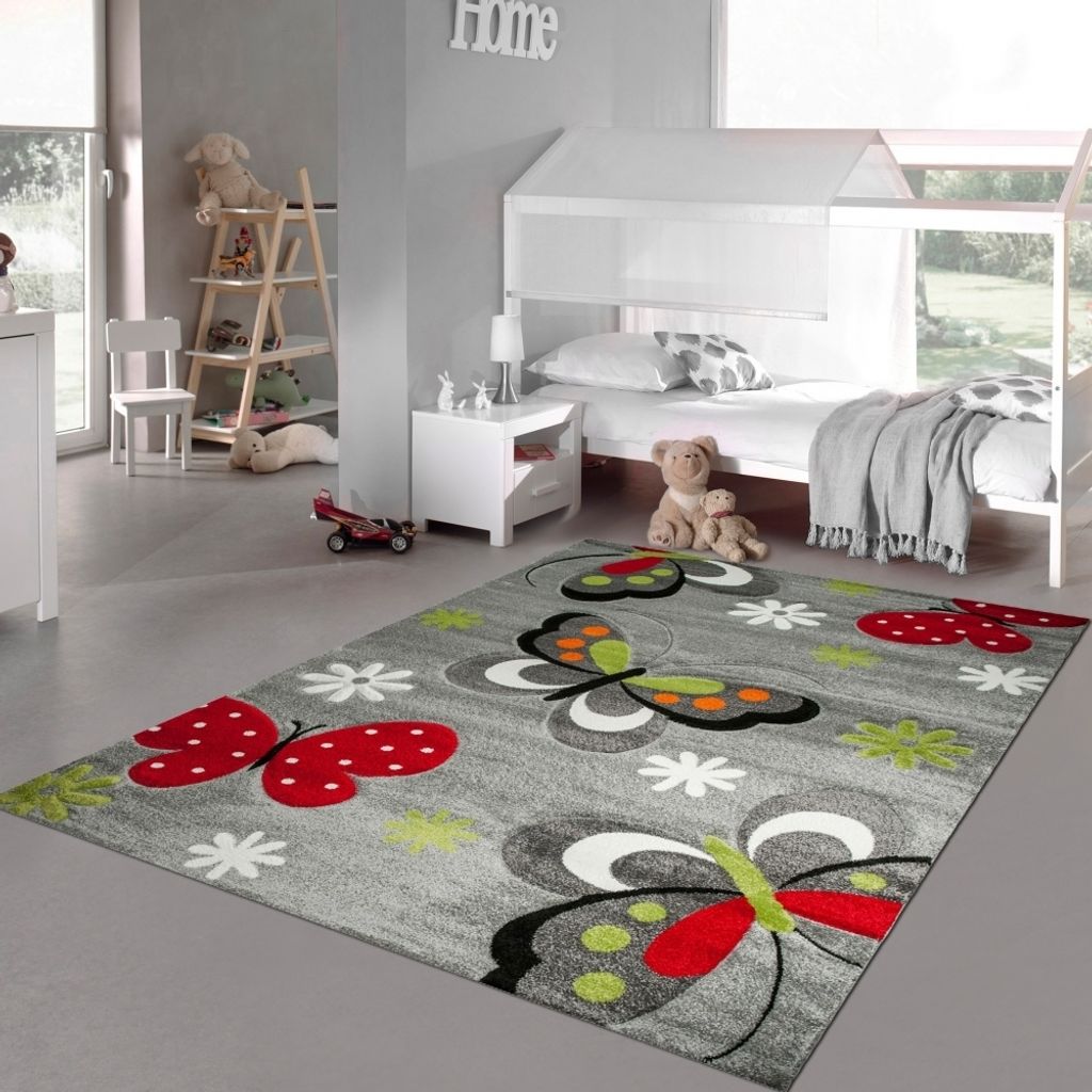 Kinderzimmer-Teppich mit niedlichen Schmetterlingen in grau Größe - 200 x 290 cm