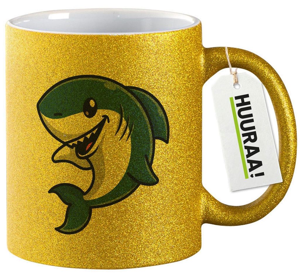 Huuraa Glitzertasse Hai Comic 330ml Gold Keramik Kaffeebecher Geschenkidee