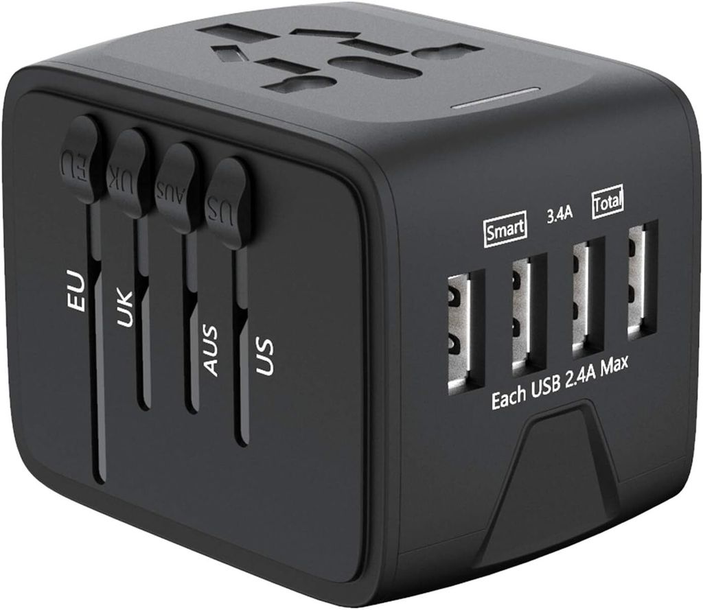 Reiseadapter Weltweit mit 4 USB Ports, LED-Anzeige Und 1 AC Steckdosen Internationale Reisestecker für Europa Deutschland UK Australien USA Usw(Sc...