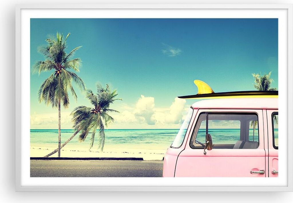 Gerahmtes Poster - Weißer Rahmen - Auto Surfbrett Strand Ozean - 91,5x61 cm - Wand Bild - Wanddeko - Wandbilder - Wandposter - Bilderrahmen - Bild...