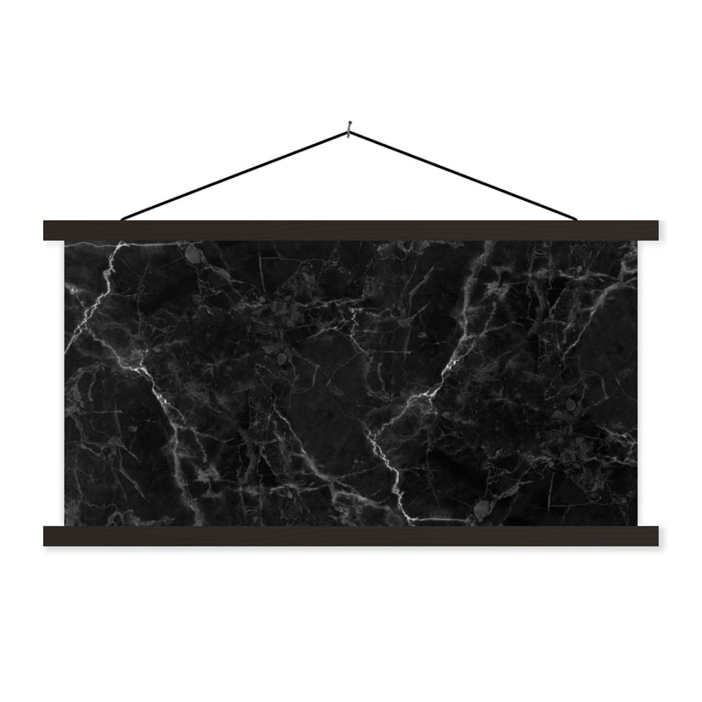 MuchoWow Textilposter Marmor - Schwarz - Weiß - Textur - Marmoroptik 90x45 cm mit schwarzem Rahmen - Klemmleisten