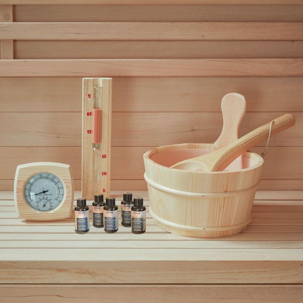 HOME DELUXE Saunazubehör Q PREMO - 10 tlg. Natürliche Balance | Aufgusskübel, Aufgusskelle, Saunakübel, Hygrometer Sauna, Thermometer Sauna, Sa...
