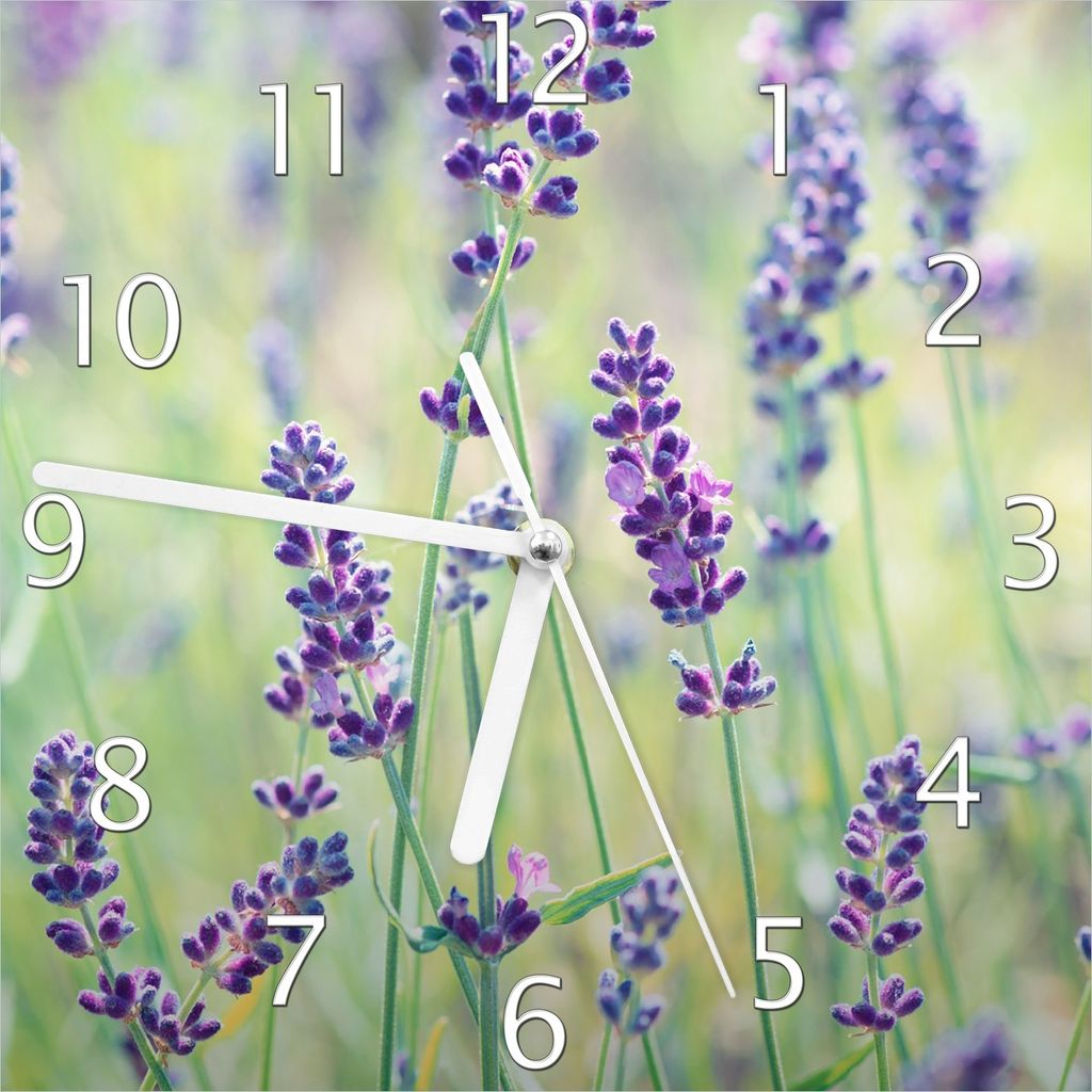 Wallario Design Wanduhr Lila Blumenfreude - Violette Pflanzen auf der Wiese aus Echtglas, Größe 20 x 20 cm