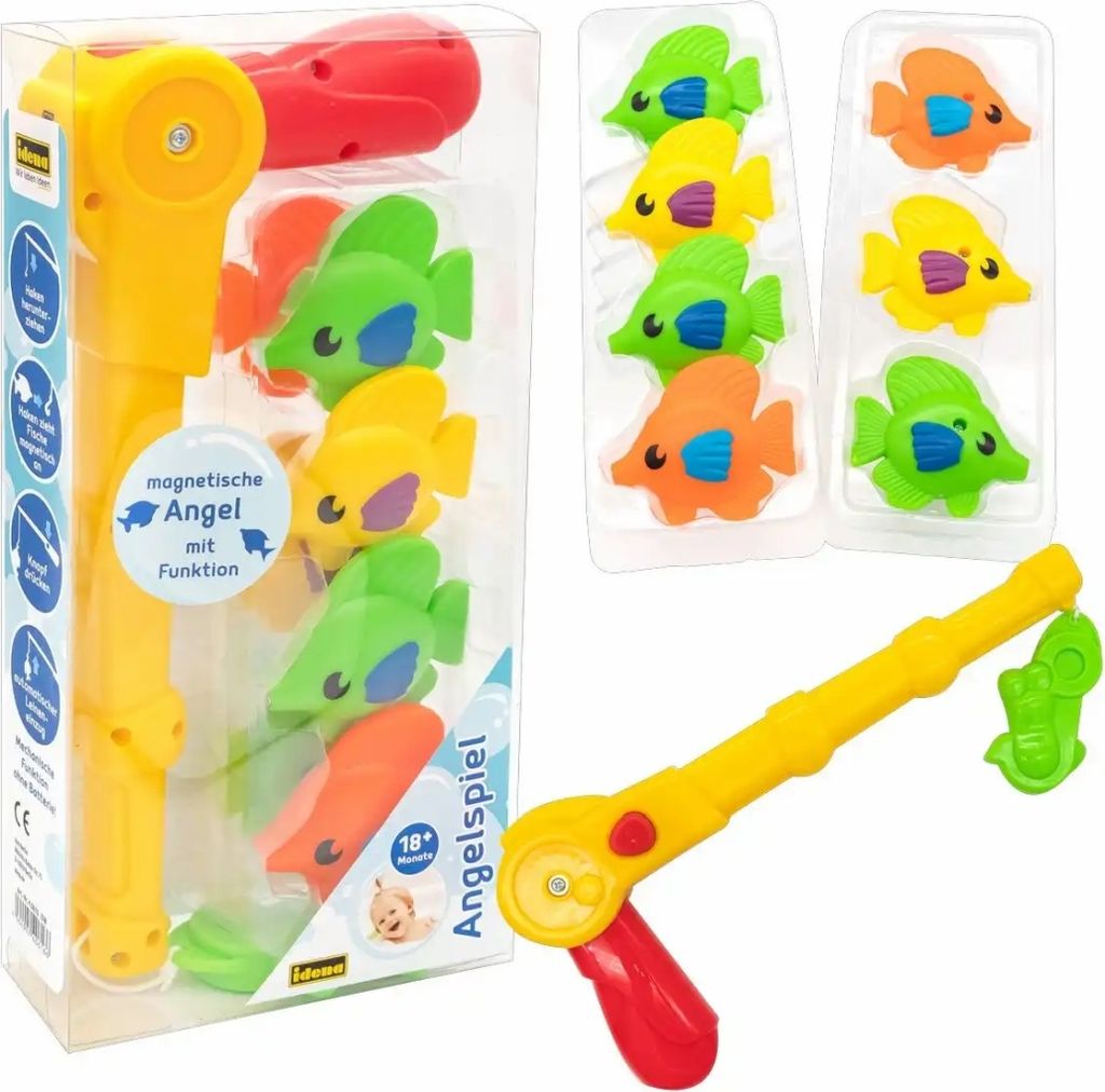 Idena - Angelset für Kinder, 8-teiliges Wasserspielzeug mit bunten Gummifischen und funktionaler Magnetangel