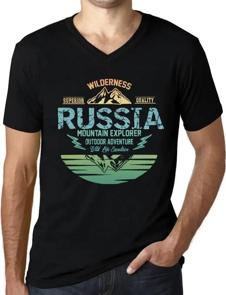 Herren Grafik T-Shirt V-Ausschnitt Outdoor-Abenteuer Wildnis Bergforscher Russland – Outdoor Adventure, Wilderness, Mountain Explorer Russia