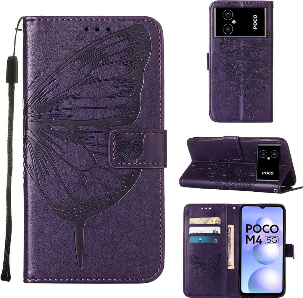 Xiaomi Poco M4 5G Hülle, Schmetterling Prägung Flip Leder Kartenfächer Schutzhülle Ledertasche mit Ständer für Xiaomi Poco M4 5G / Poco M5 5G...