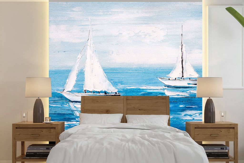 MuchoWow Fototapete für Wohnzimmer oder Schlafzimmer Wandtapete Vinyl Motivtapete Malerei - Ölfarbe - Boot - Wasser - 350x350 cm - Schlafzimmer...