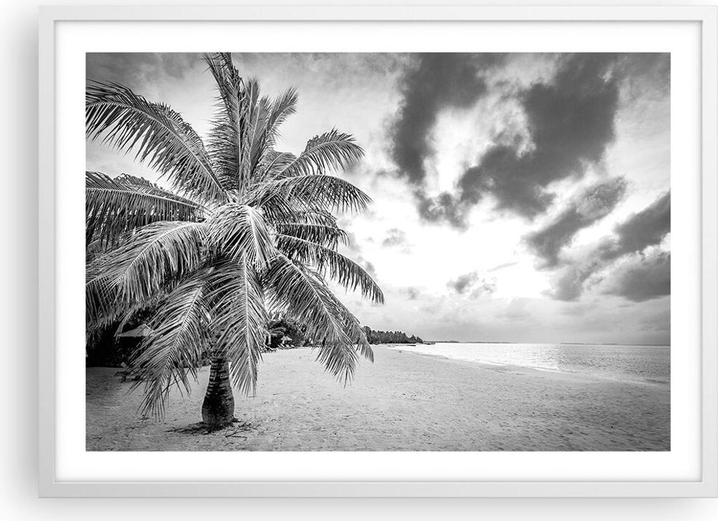 Gerahmtes Poster - Weißer Rahmen - Monochrom Strand Wolken - 70x50 cm - Wand Bild - Wanddeko - Wandbilder - Kunstposter - Wandposter - Bilderrahme...