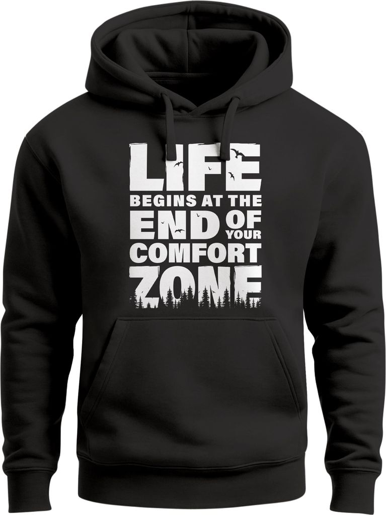 Hoodie Herren Aufdruck Life Begins Motivations Print End of Your Comfort Zone Statement Männer Fashion Streetstyle Neverless
