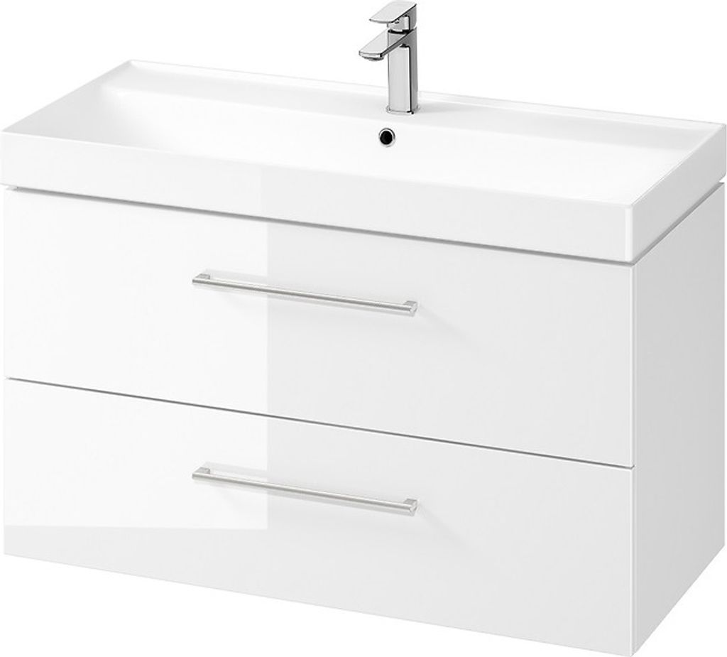 BADLAND Badmöbel Set Badezimmerschrank mit Keramikwaschbecken, 2-Schubladen LARGA 100 Weiß, 2x Silber Möbelgriffe