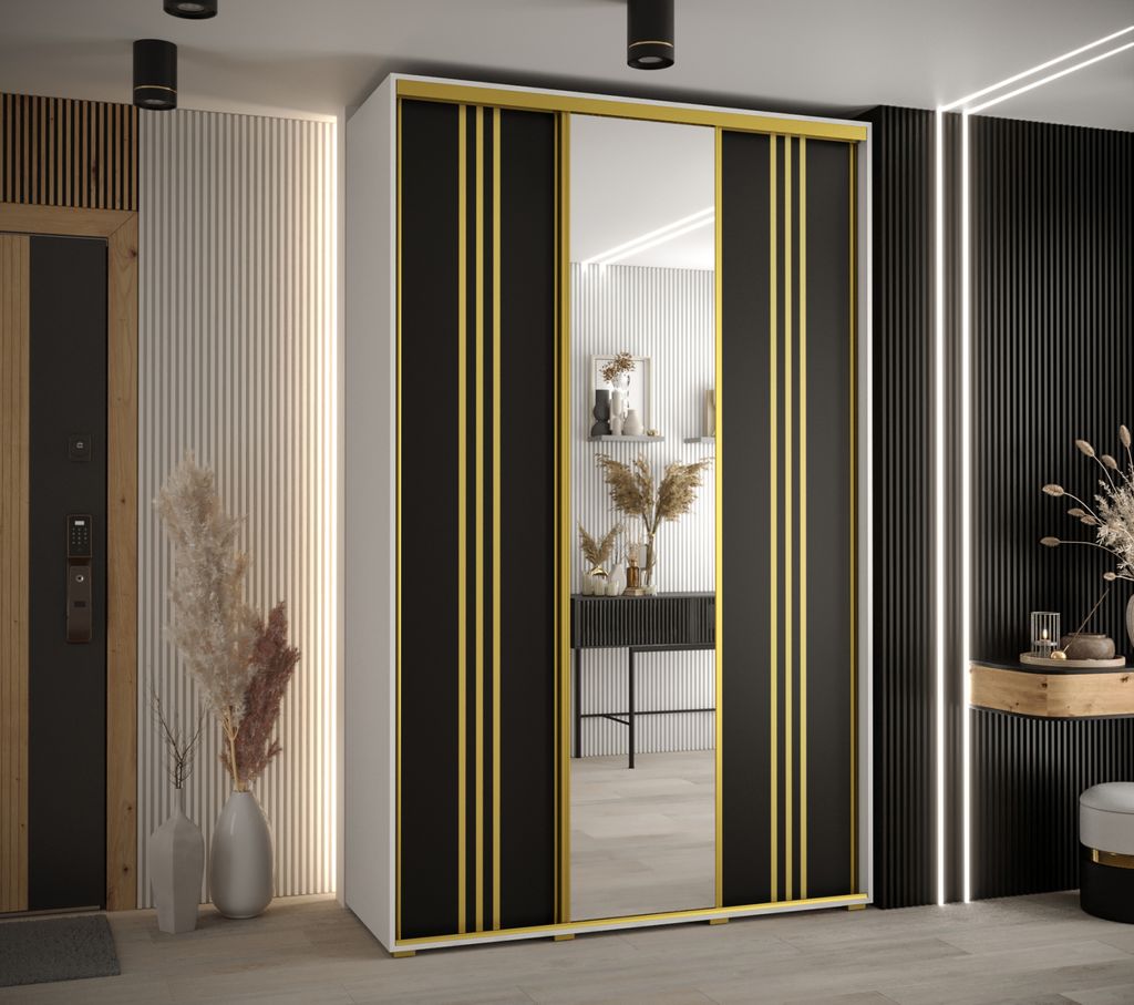 Kleiderschrank YVONA 7 – 160/45 cm, weiß/schwarz/gold