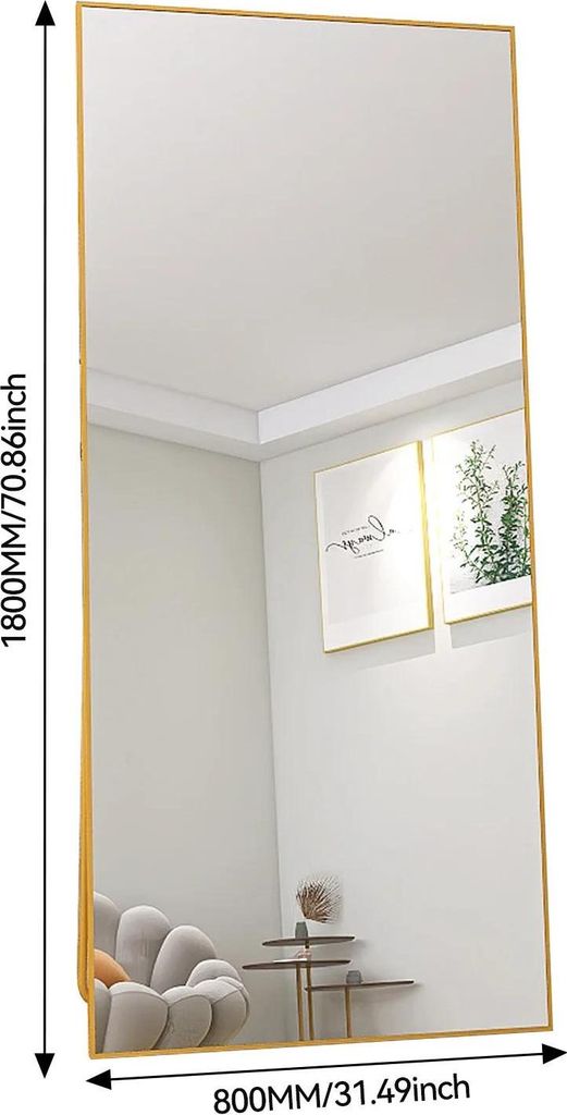 Ganzkörperspiegel - Standspiegel/Wandspiegel - Rechteckig 180 x 80 cm - Freistehend, Anlehnend, Wandmontage - Moderner Minimalistischer Rahmen - Gold