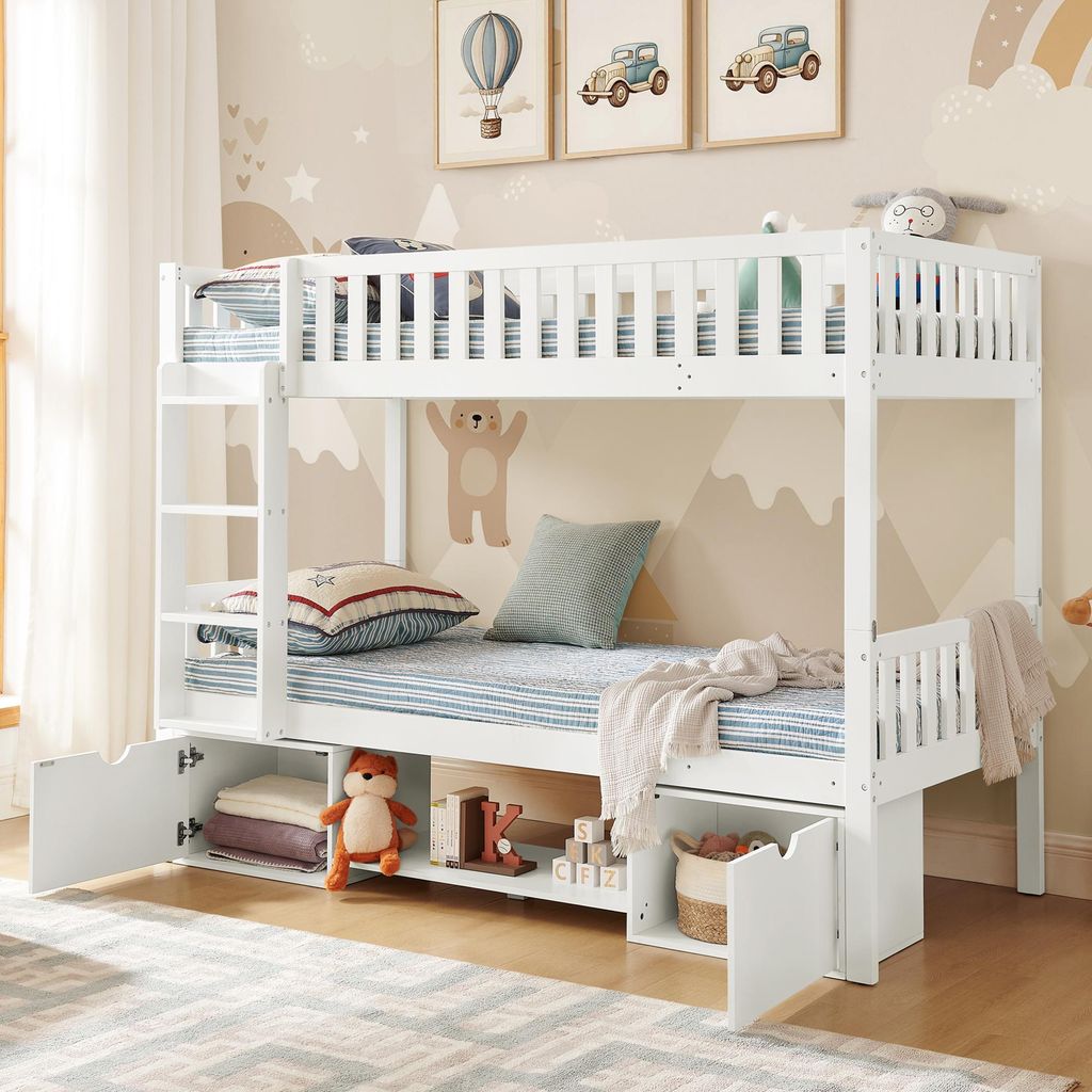 Bettgestell 90x200 cm Etagenbett Massivholz Kiefer Kinderbett mit Schubladen & Rausfallschutz Umbaufähig zu 2 Einzelbetten Ohne Matratze Weiß
