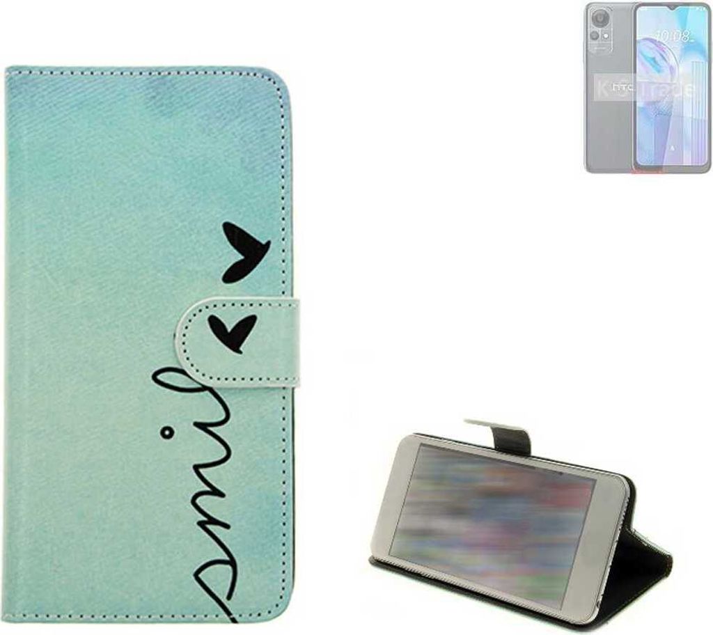 K-S-Trade Schutz Hülle Handy Hülle kompatibel mit HTC Wildfire E Star Hülle Handyhülle cover bookstyle Etui Handyhülle “smile“ türkis
