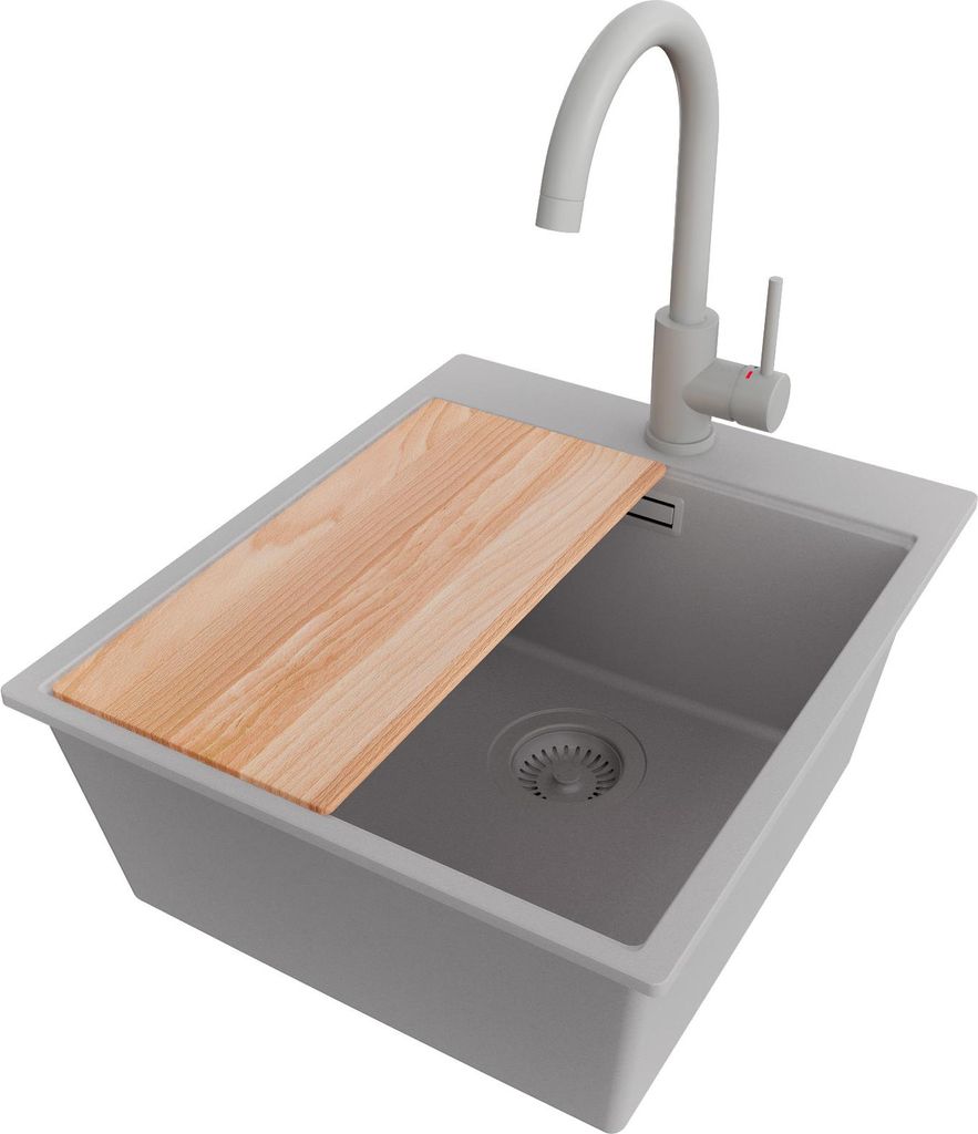 PRIMAGRAN Granitspüle Grau 43x50cm, Spülbecken 1 Becken + Küchenarmatur 32x20cm + Ablauf-Set + Schneidebrett, Küchenspüle ab 45er Unterschrank...