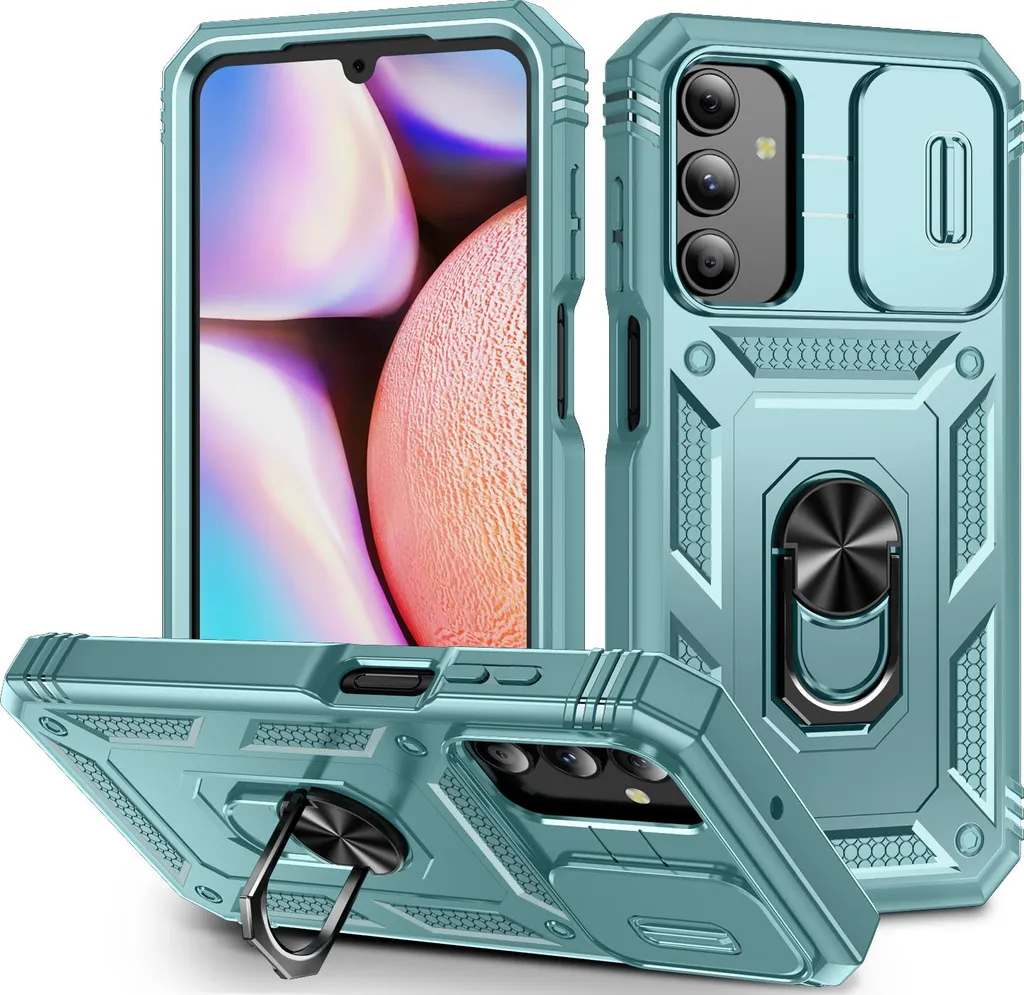Custodia per Samsung Galaxy A15 5G/4G protezione fotocamera scorrevole, robusta antiurto, con supporto ad anello, supporto e porta carte verde