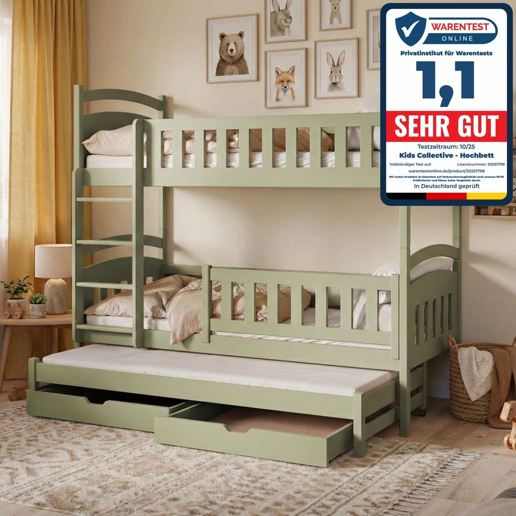 Kids Collective Hochbett 90x200 Etagenbett Kinderbett Jugendbett Stockbett 3 Kinder, mit zwei Schubladen, Kinder Bett umbaubar in 3 Einzelbetten vo...