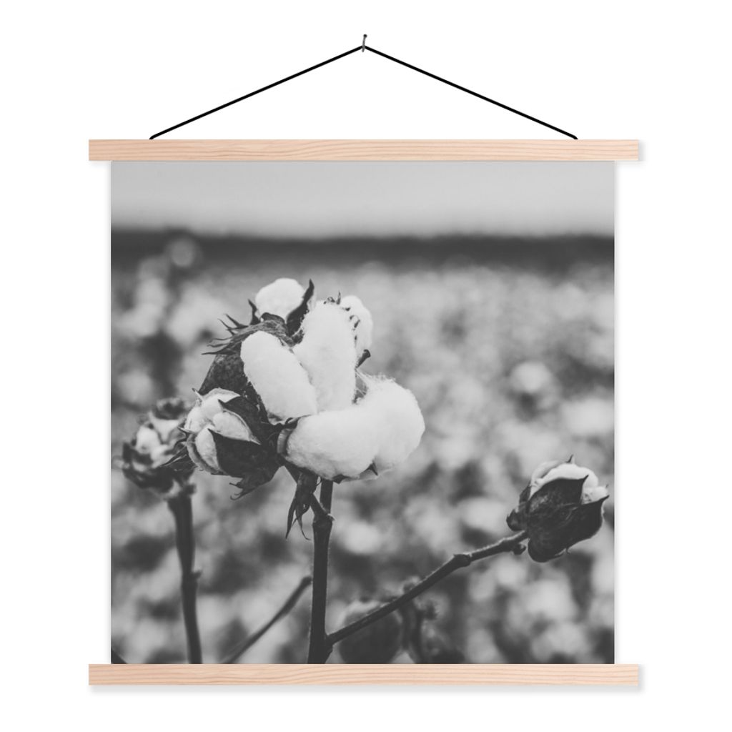 MuchoWow Textilposter Baumwolle - Pflanzen - Schwarz - Weiß 60x60 cm mit holzfarbenen Rahmen - Wanddekoration