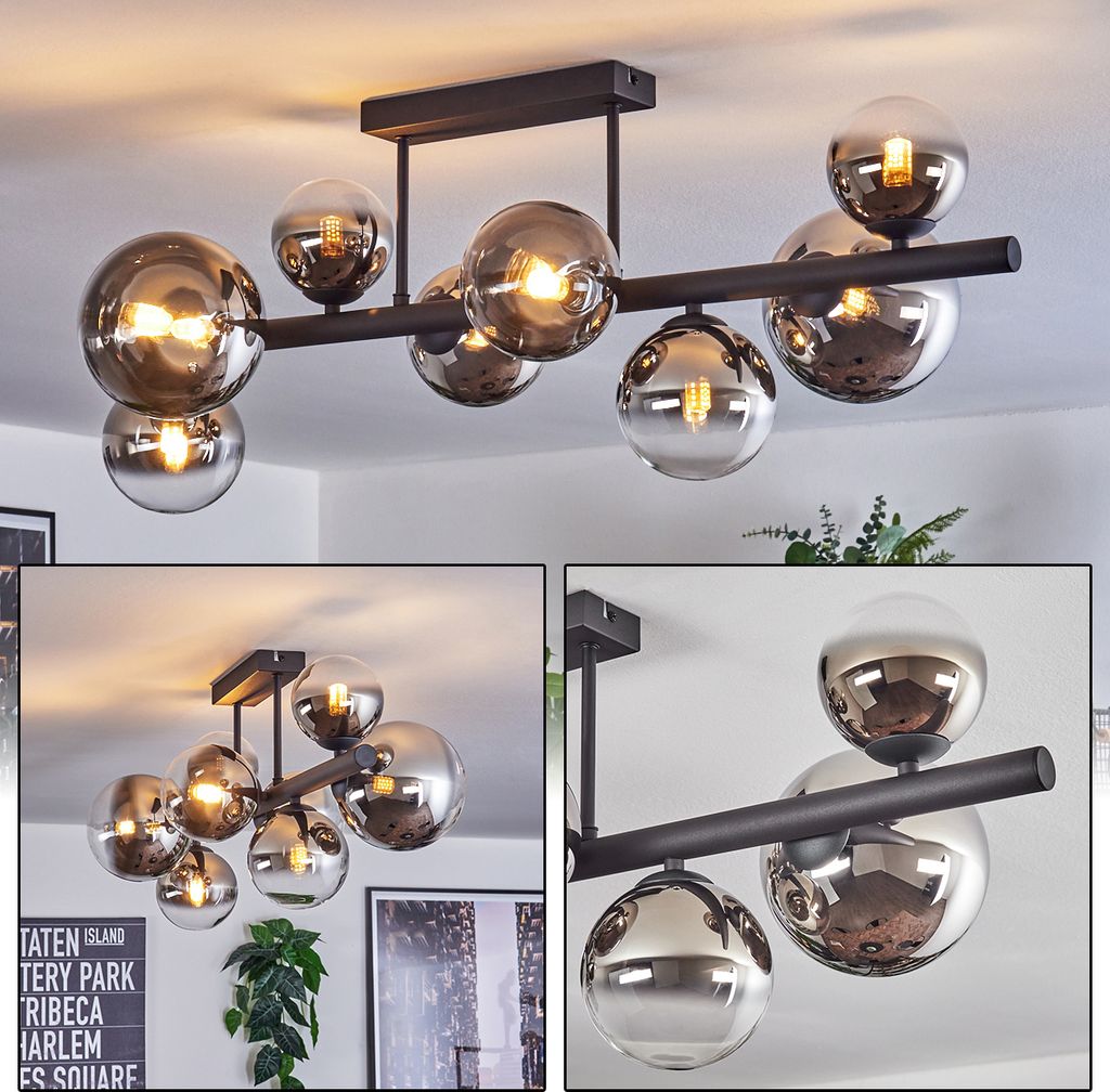 Isorella Deckenlampe aus Metall/Glas in Schwarz/Chrom-/Rauchfarben