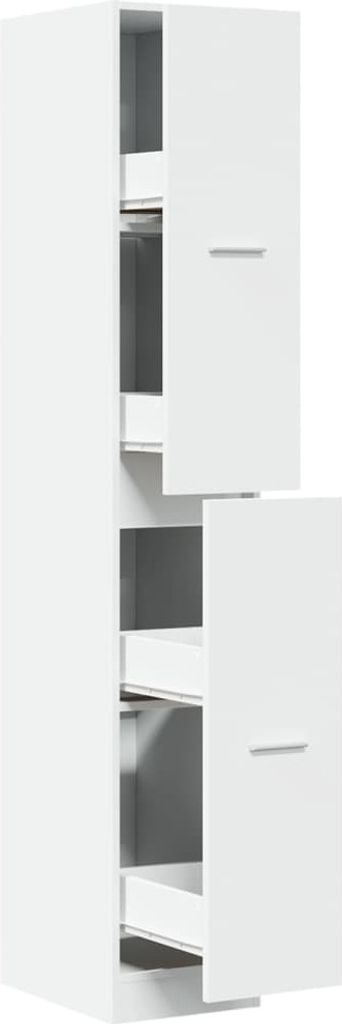 A tall, narrow white cabinet with two doors, one above the other. The doors are slightly ajar, revealing shelves and drawers inside.