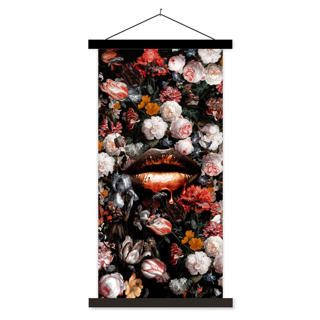 MuchoWow Textilposter Lippen - Blumen - Farbe - Orange - Kunst - Abstrakt - Alte Meister 40x80 cm mit schwarzem Rahmen - Wandemalerei