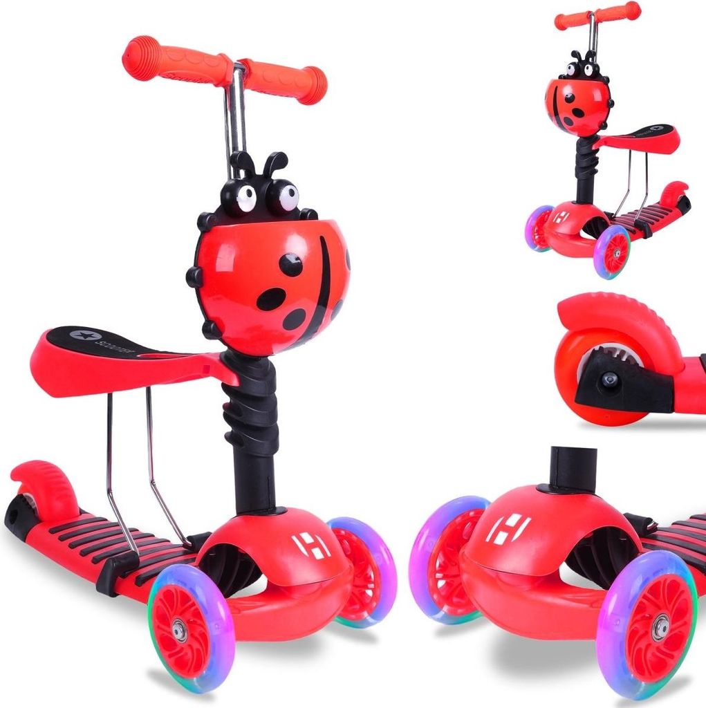 Habib 3-in-1 Kinderroller für Jungen & Mädchen – Abnehmbarer Sitz, LED-Räder, höhenverstellbarer Lenker. Ideal für 2-8 Jahre. Rot