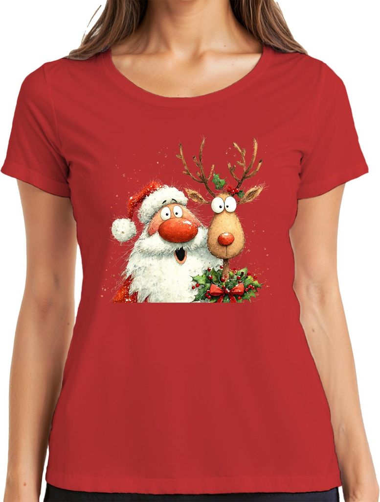 Weihnachtsmann Rentier lustig Aquarell Weihnachten Geschenk Retro Damen T-Shirt, Rot, L