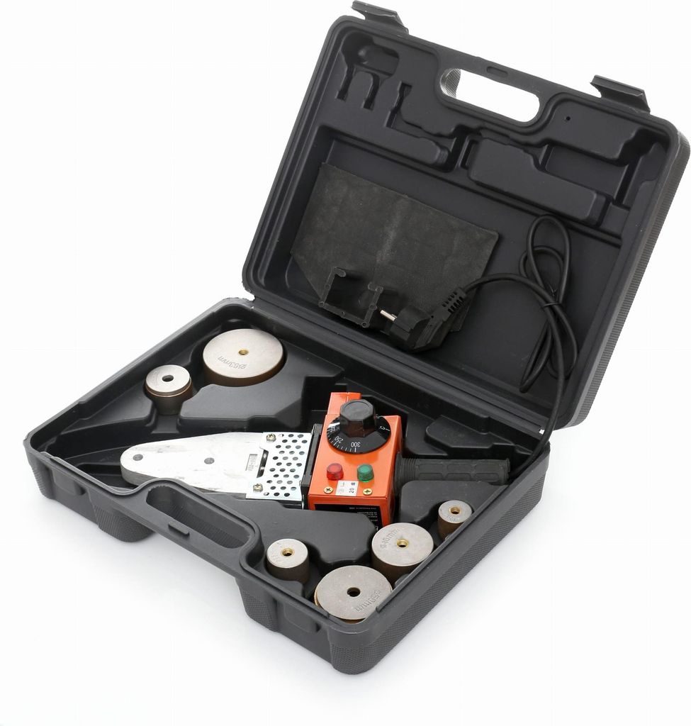 A black plastic case containing a polyfusion welding tool and various accessories, presented against a white background.