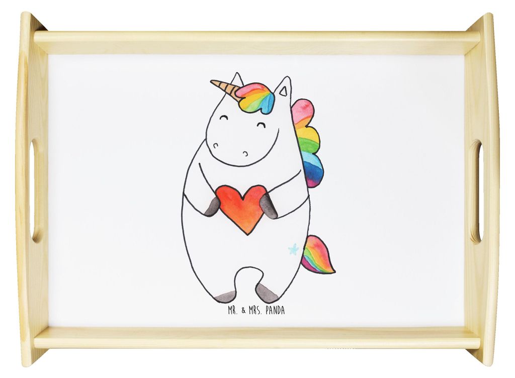 Mr. & Mrs. Panda Tablett Einhorn Herz - Weiß - Geschenk, Lustig, Servier, Einhörner, Frühstückstablett, Unicorn, serviertablett aus holz, Bunt,...