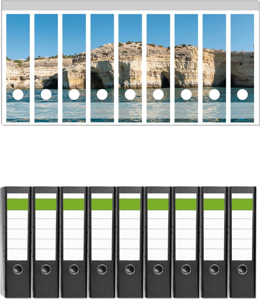 Wallario 9 Stück breite Ordner inkl. Klebeetiketten mit Motive Steilküste mit Höhlen - Set mit Rückenschildern / Ordnerrücken Stickern