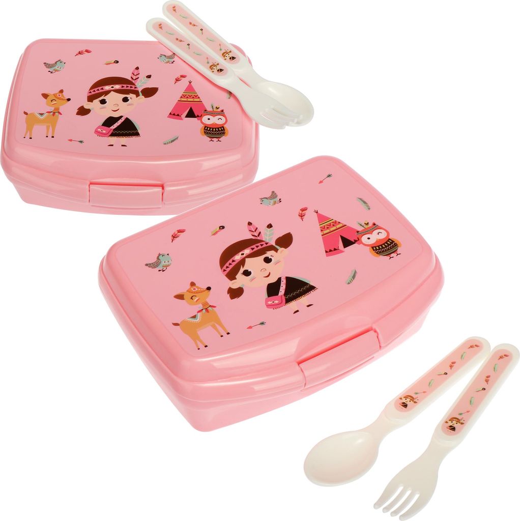 com-four 6-teiliges Set aus Lunch-Box und Besteck, mit lustigen Indianer- und Tiermotiven für Jungen und Mädchen, Brotdose mit Löffel und Gabel