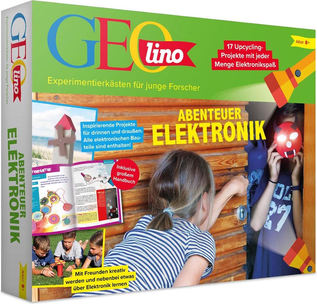 The image shows the packaging of an electronics experiment kit for young researchers, with children interacting with the kit's contents.
