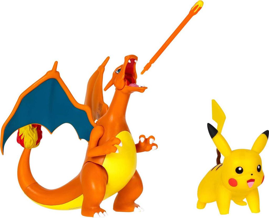 Two Pokemon action figures, Charizard and Pikachu, are shown against a white background. Charizard is in the foreground, appearing to breathe fire, while Pikachu is in the midground to the right.
