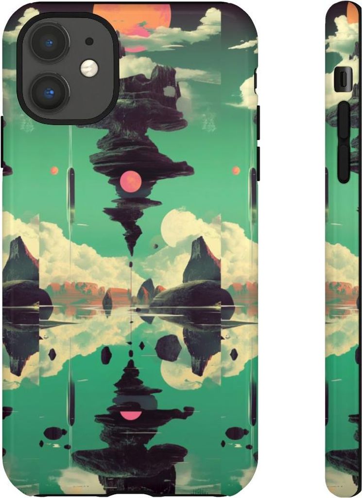 Surreale Felsformation mit schwebenden Elementen und rosa Sonnen – Hülle Kompatibel mit iPhone 11