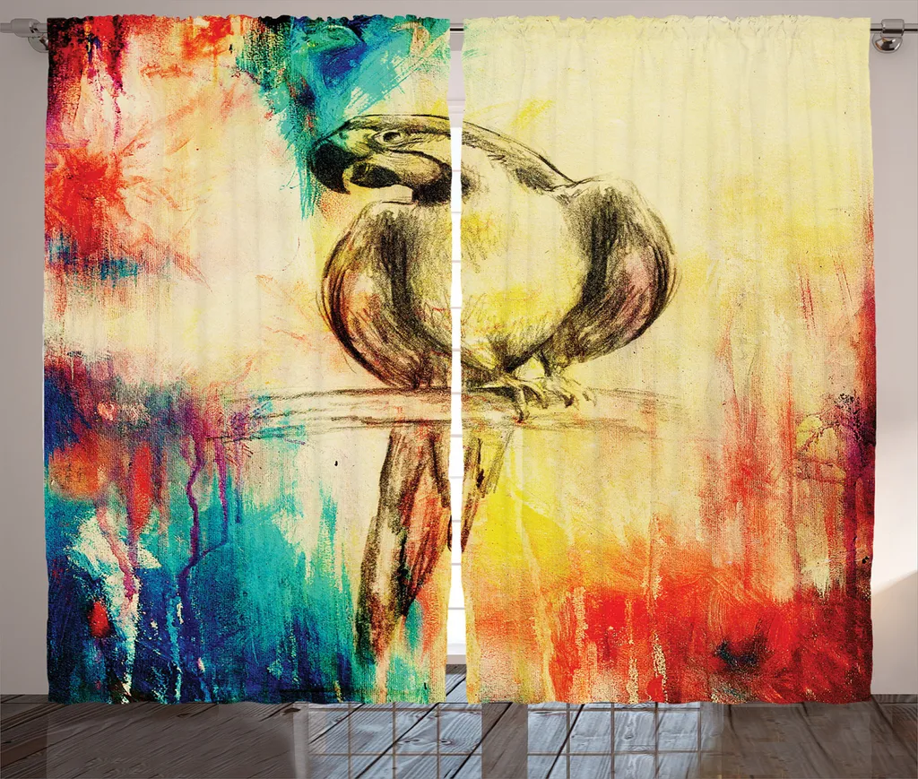 Rideau Multicolore Perroquet Grunge 280x225 cm avec Crochets et Accessoires