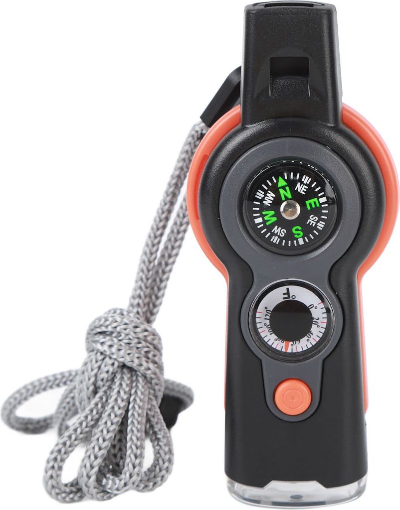 7 In 1 Notfallüberleben Pfeife LED LED Light Thermometer Kompass Multi -Funktion zum Wandern Klettern Orange