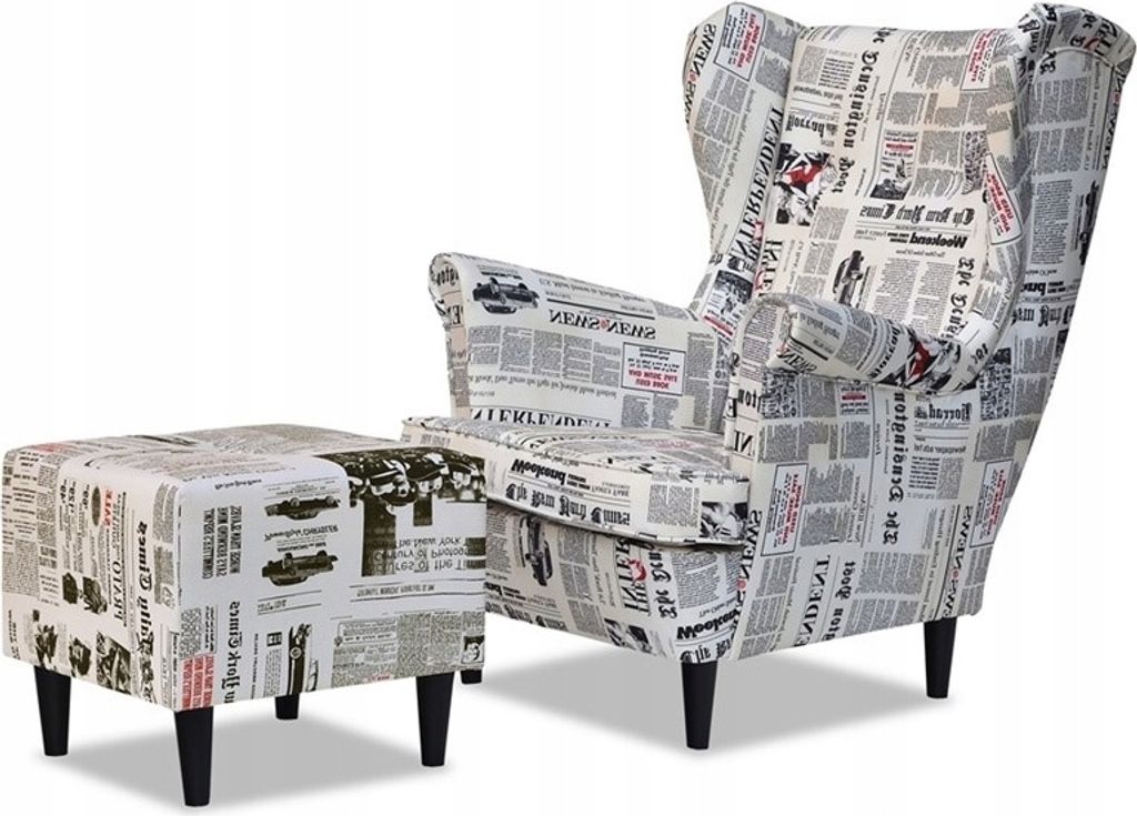 Family Meble Ohrensessel mit Hocker Print Relaxsessel Skandinavisch Bequemer Sessel Loungesessel Fernsehsessel Wohnzimmer Schlafzimmer Büro (GAZETA)