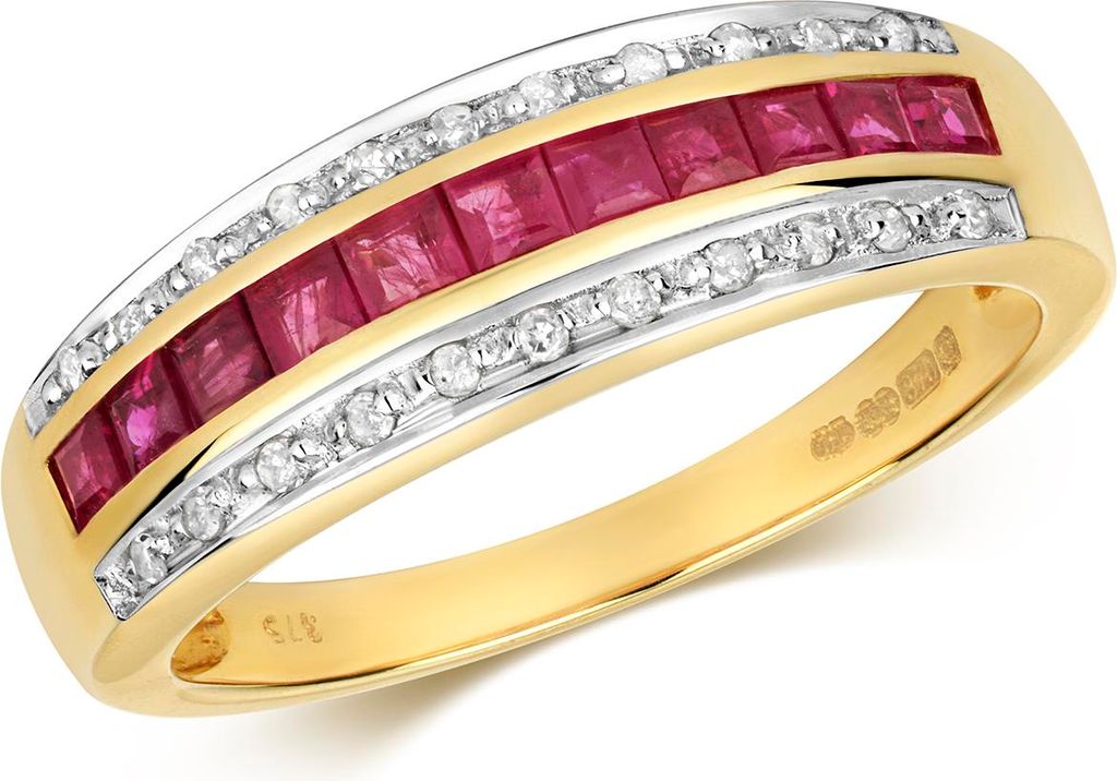 Wunderschöner 9 Karat (375) Gold Halb Eternity Diamant Damenring Brillant-Schliff 0.09 Karat H - PK mit Rubin, 57 (18.1); TRS290949KYRSP