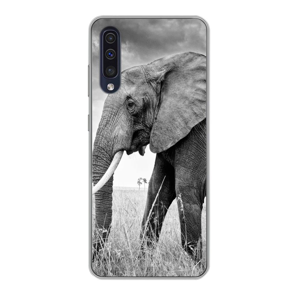 MuchoWow Handyhülle Schutzhülle Hülle für Samsung Galaxy A30s Elefant - Gras - Tiere - Schwarz und weiß Silikon Softcase Handy Hülle - Kart...