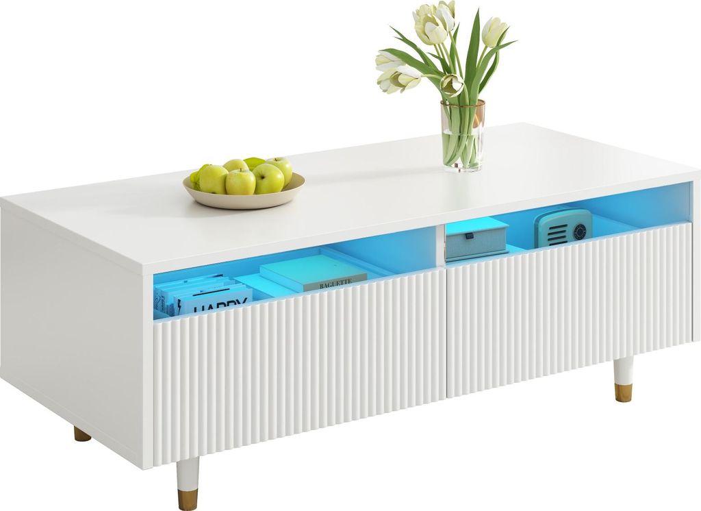 Dieser moderne LED-Couchtisch verfügt über eine gewellte Schubladenplatte, gold-weiße Beine, zwei Schubladen und einen farbwechselnden LED-Licht...