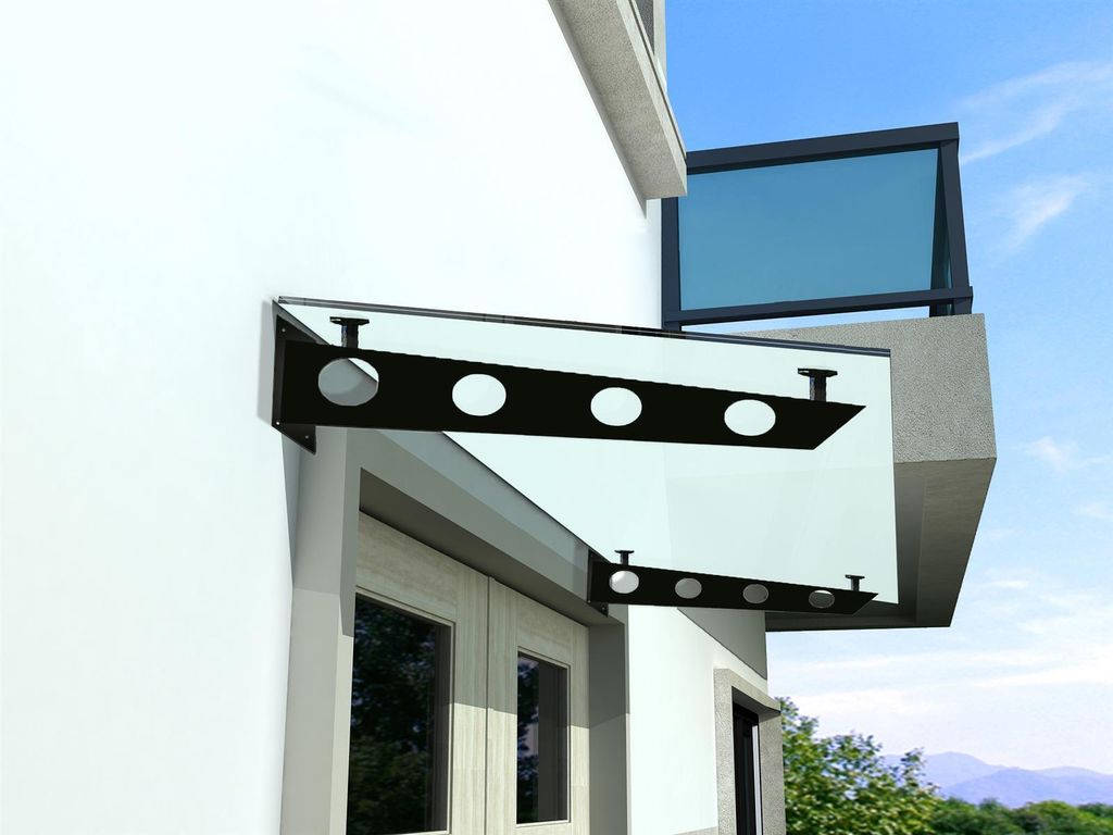 BuyLando (S) 120x90 cm Milchglas Glasvordach inkl. Edelstahlhalter in Schwarz