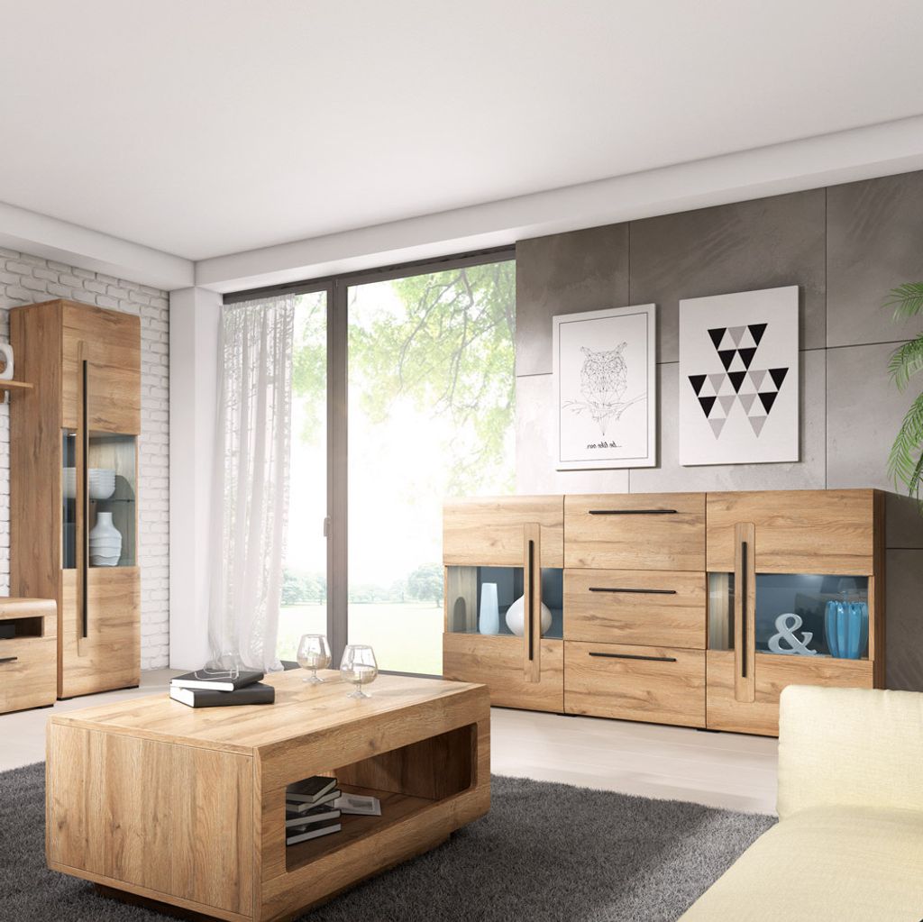 Vitrinenschrank Set Eiche Grandson Nb. TURDA-83 in modernem Stil mit Beleuchtung und Metallgriffen
