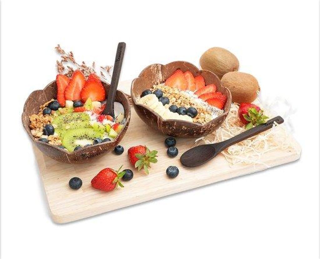 Kokosnussschalen-Set, 2er-Set, handgefertigt, vegan, mit Holzlöffeln