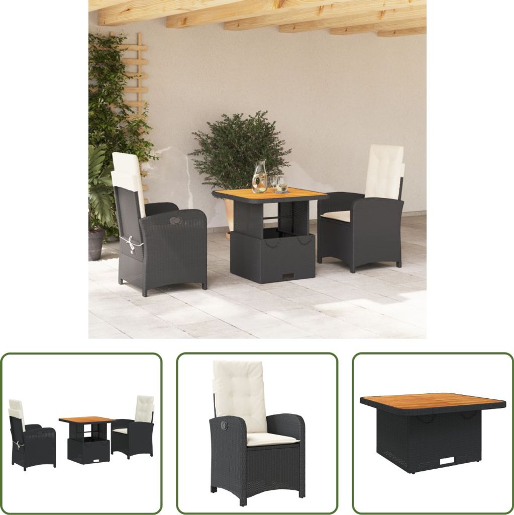 The Living Store 3-tlg. Garten-Essgruppe mit Kissen Schwarz Poly Rattan