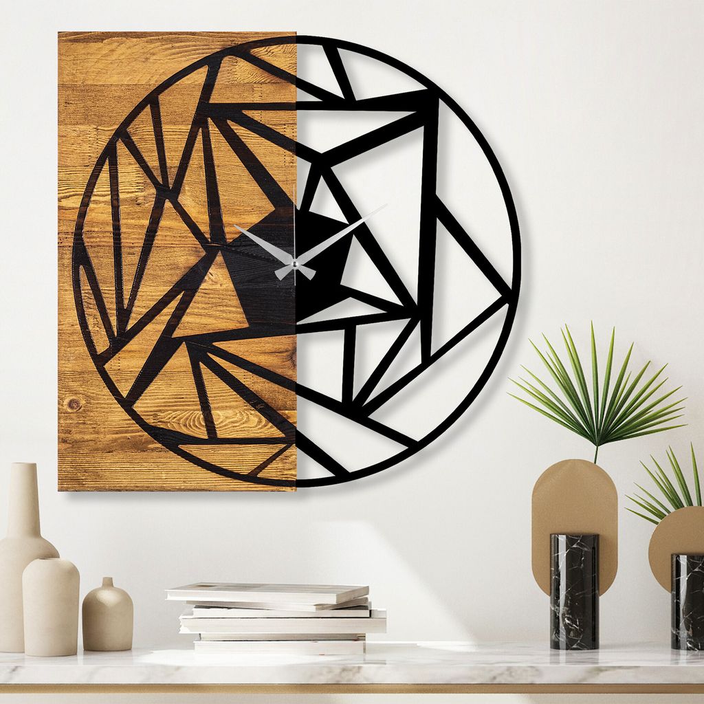 Opviq, Wooden- TNL1136, Nussbaumfarbe,Schwarz, Wanduhren, 60 x 3 x 58 cm, 100% Holz (Dicke: 3 cm) / Metall