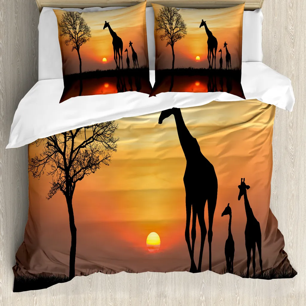 ABAKUHAUS Africa Copripiumino, Giraffa nella foresta selvaggia, Antiacaro Adatto a chi soffre di allergie con federe, 200 cm x 200 cm - 80 x 80 cm, Arancione Nero